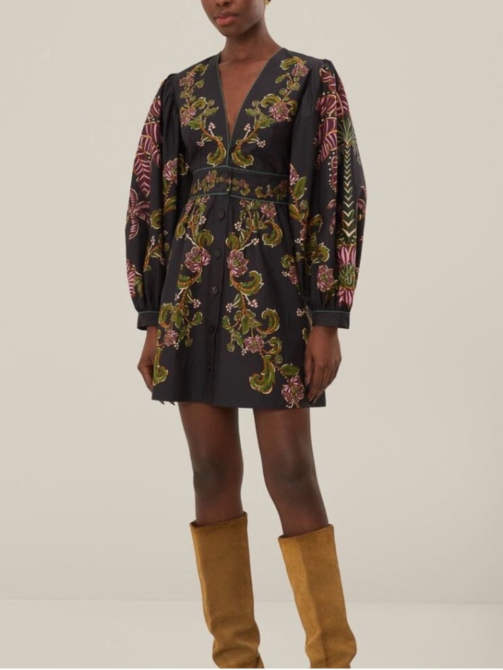 FARM Rio Ravenala Black V Neckline Puffed Sleeve Mini Dress - Picture 3 of 6